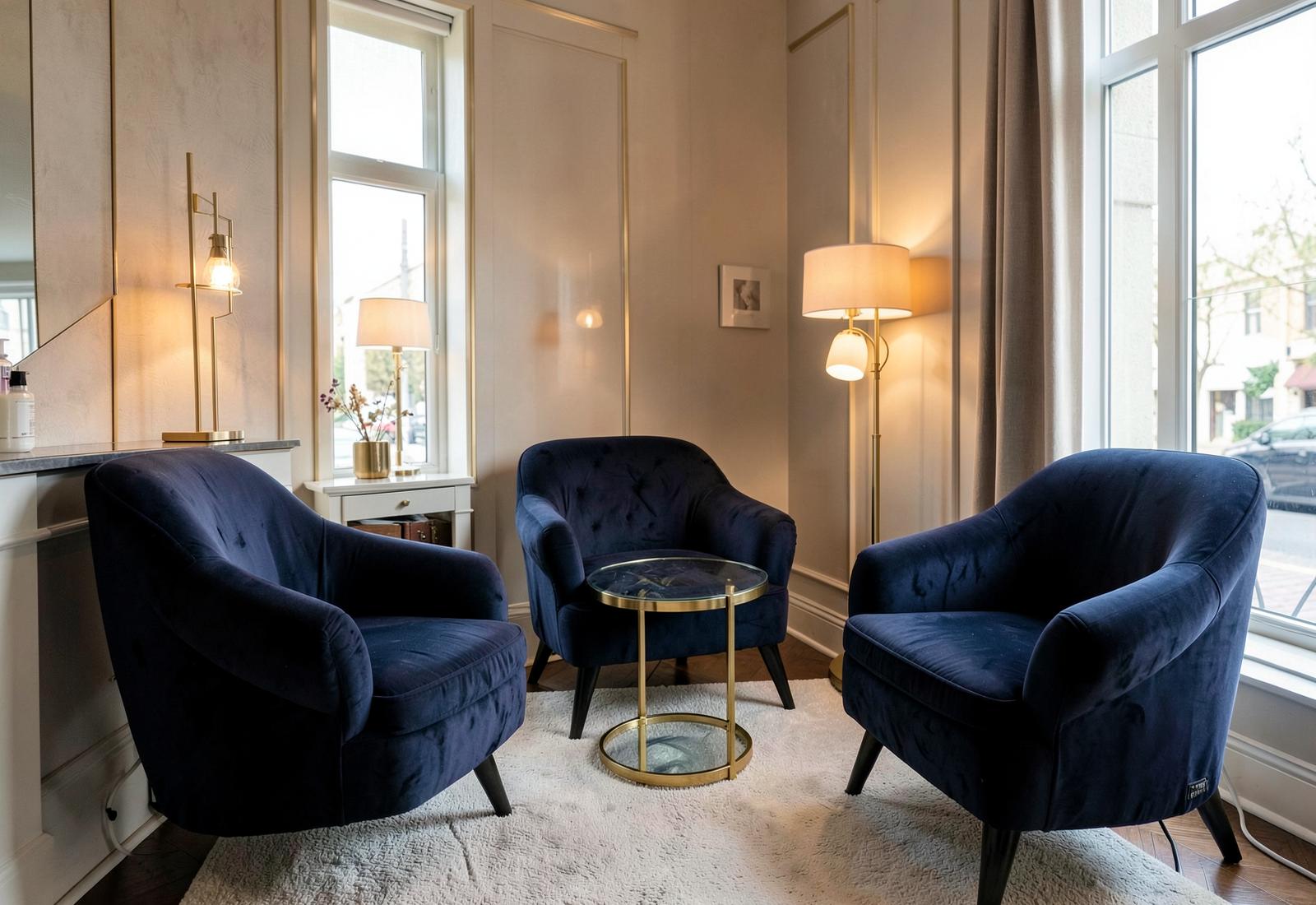 Wachtruimte met fluwelen zetels bij Renaissance Beauty Clinic